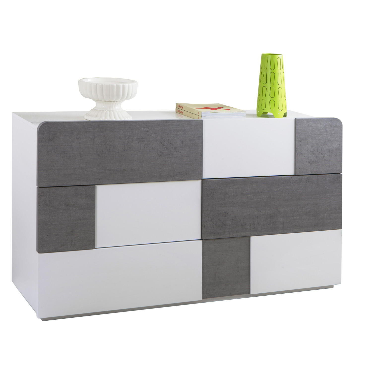 Cassettiera con 6 cassetti colore bianco e grigio cemento - linea Arcora